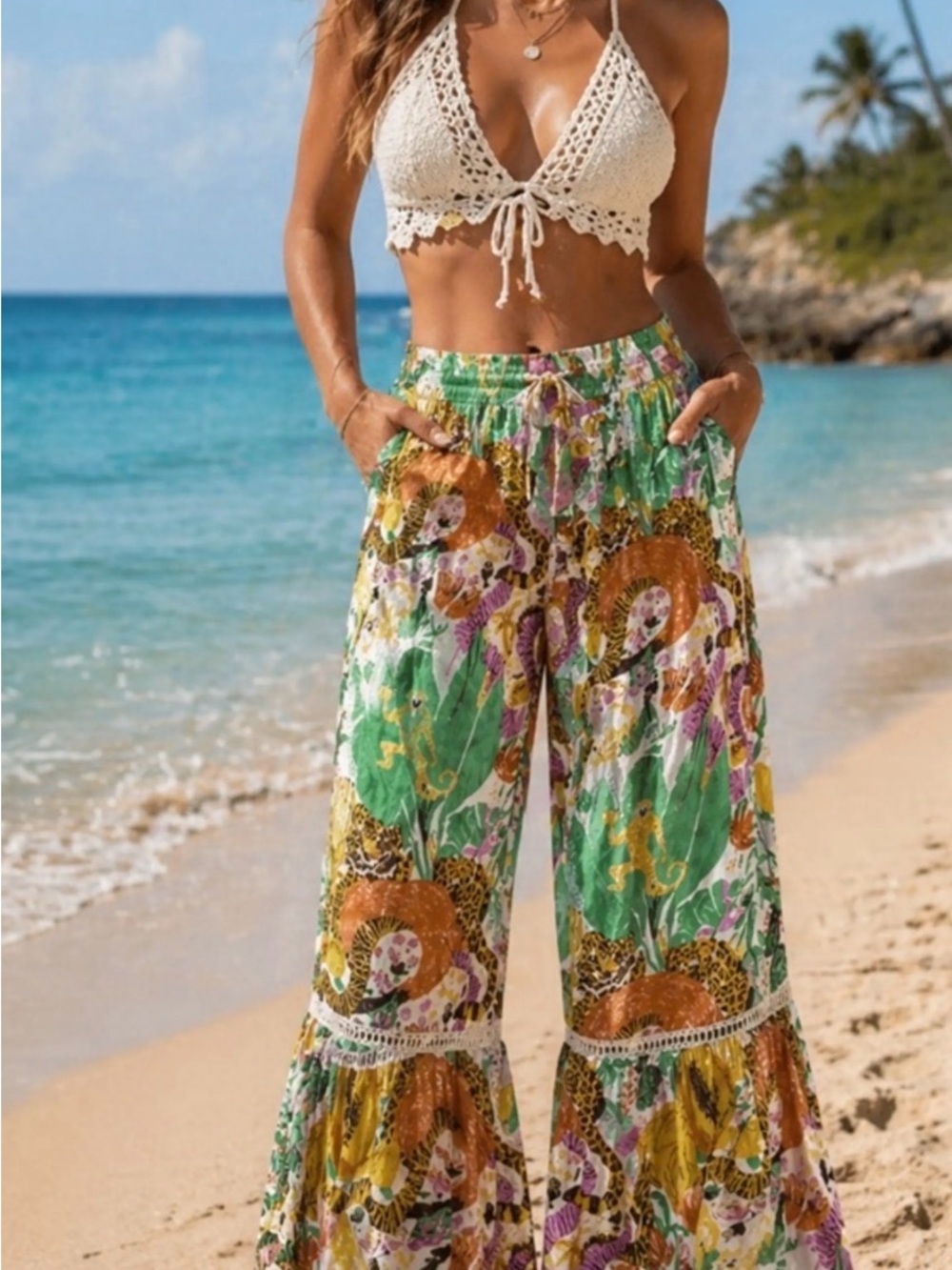 Boho Wide-Leg Tropical safari Print Pants